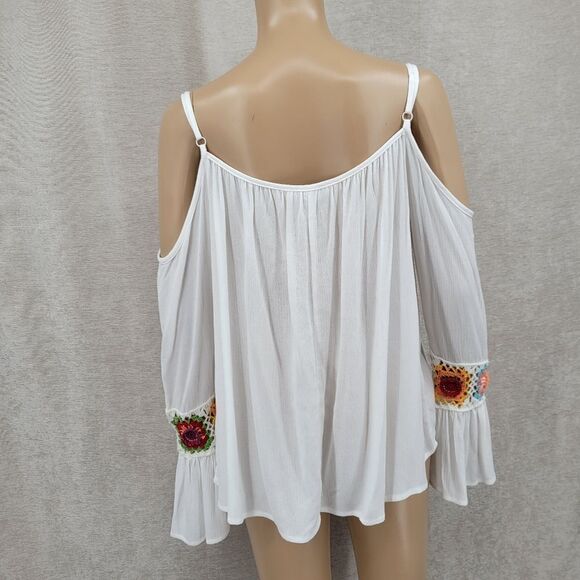 The Line Of Style White Bohemian Flowy Cold Shoulder Top with Colorful Chrochet - Picture 4 of 8